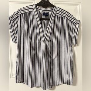 Weekend Large Blue White Stripe V-Neck Short Sleeve Cotton Blouse Top